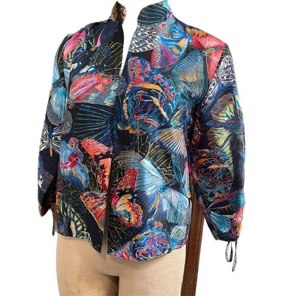 Chico's Bold Butterfly Print Open 3/4 Tie Sleeve 100% Silk Jacket Sz 0 US Small - Picture 2 of 13